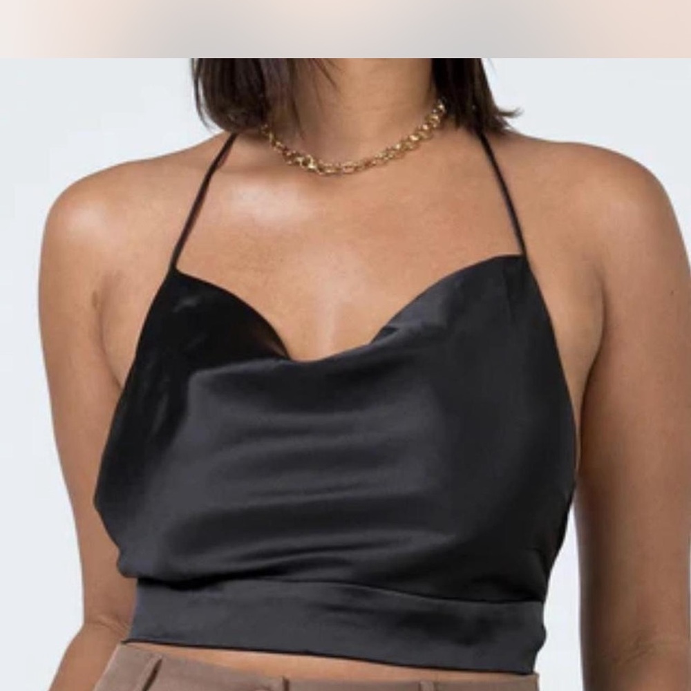 Princess Polly Black Satin Halter Top Backless